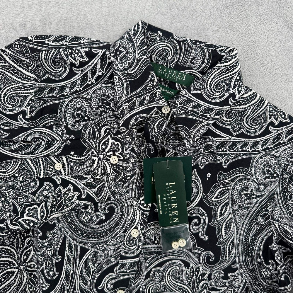 Lauren Ralph Lauren Petite Button Down PS Black White Paisley Non-Iron Cotton